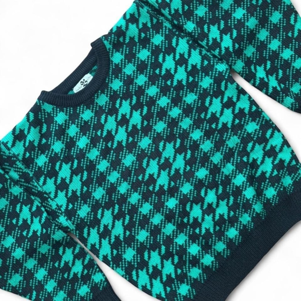 Vintage 90s Y2K Retro Hudsons Bay Green Black Houndstooth Knit Pullover Sweater - Picture 2 of 5